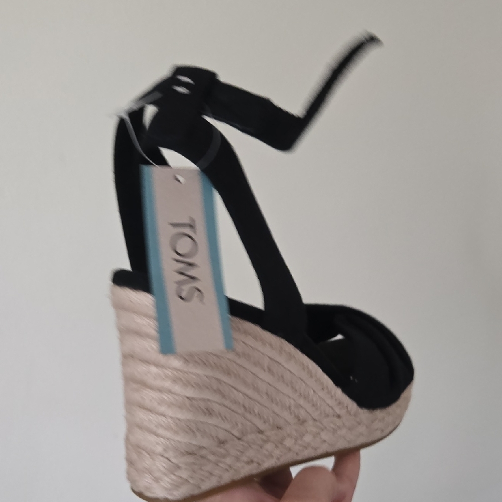 Toms Black and Cream Wedge Sandals with Espadrille Texture